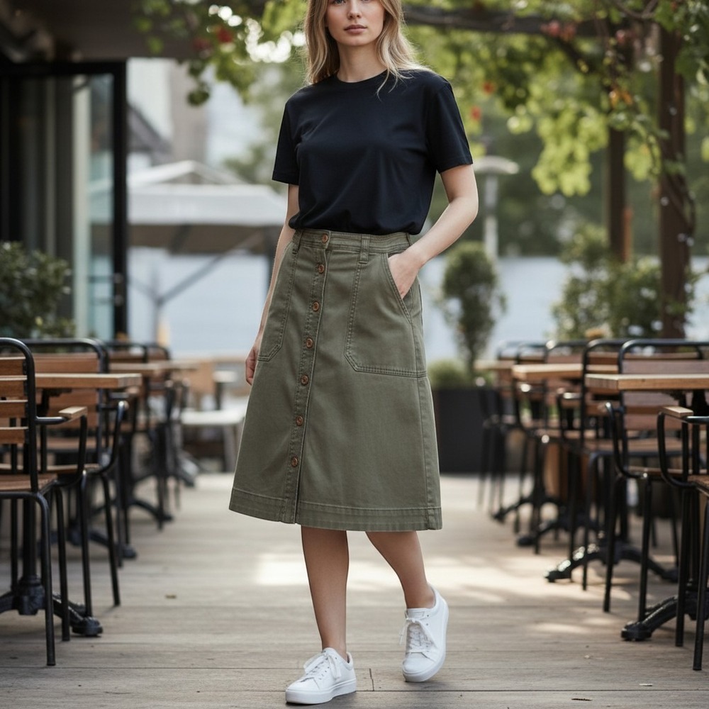 Anthropologie PILCRO skirt womens sz 8 olive green button front a-line twill